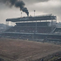 A Dieselpunk-style football stadium, featuring old-world aesthetics, over-arching steel structures, diesel-powered scoreboards, and smoke billowing from numerous exhausts set against a grey, industrial landscape