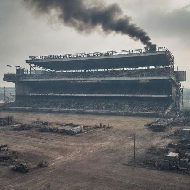 A Dieselpunk-style football stadium, featuring old-world aesthetics, over-arching steel structures, diesel-powered scoreboards, and smoke billowing from numerous exhausts set against a grey, industrial landscape