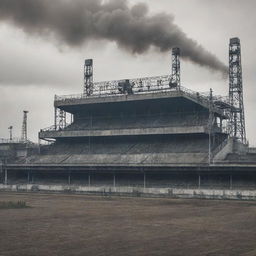 A Dieselpunk-style football stadium, featuring old-world aesthetics, over-arching steel structures, diesel-powered scoreboards, and smoke billowing from numerous exhausts set against a grey, industrial landscape