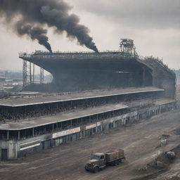 A Dieselpunk-style football stadium, featuring old-world aesthetics, over-arching steel structures, diesel-powered scoreboards, and smoke billowing from numerous exhausts set against a grey, industrial landscape