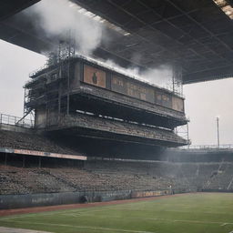 A GasPunk-style football stadium, featuring rugged, industrial aesthetics, towering gas-light fixtures, smoke-pluming mechanical scoreboards and antiquated bleachers under a graying, smoke-filled skyline