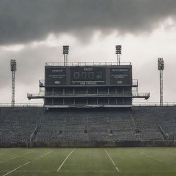 A GasPunk-style football stadium, featuring rugged, industrial aesthetics, towering gas-light fixtures, smoke-pluming mechanical scoreboards and antiquated bleachers under a graying, smoke-filled skyline