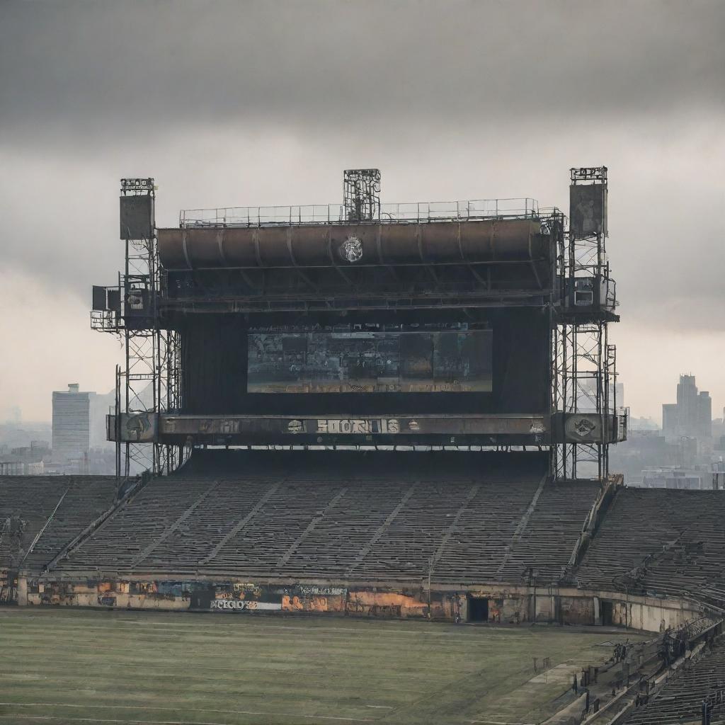 A GasPunk-style football stadium, featuring rugged, industrial aesthetics, towering gas-light fixtures, smoke-pluming mechanical scoreboards and antiquated bleachers under a graying, smoke-filled skyline