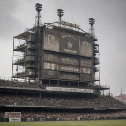 A GasPunk-style football stadium, featuring rugged, industrial aesthetics, towering gas-light fixtures, smoke-pluming mechanical scoreboards and antiquated bleachers under a graying, smoke-filled skyline