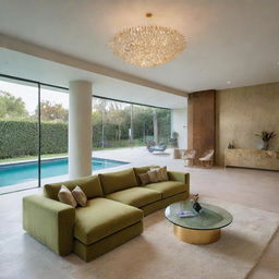 A luxury living room featuring a large green olive sofa, a gold-contoured glass table, and a textured carpet. Above, there's suspended lighting and the room offers a view of a shimmering swimming pool.