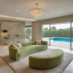 A luxury living room featuring a large green olive sofa, a gold-contoured glass table, and a textured carpet. Above, there's suspended lighting and the room offers a view of a shimmering swimming pool.