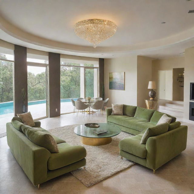 A luxury living room featuring a large green olive sofa, a gold-contoured glass table, and a textured carpet. Above, there's suspended lighting and the room offers a view of a shimmering swimming pool.