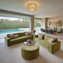 A luxury living room featuring a large green olive sofa, a gold-contoured glass table, and a textured carpet. Above, there's suspended lighting and the room offers a view of a shimmering swimming pool.