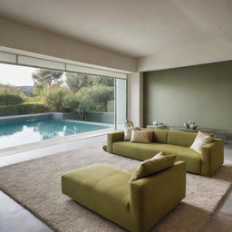 A luxurious living space with a large olive-green sofa, a gold-contoured glass table, a textured carpet, and suspended modern lighting. The room offers a splendid view of a swimming pool.