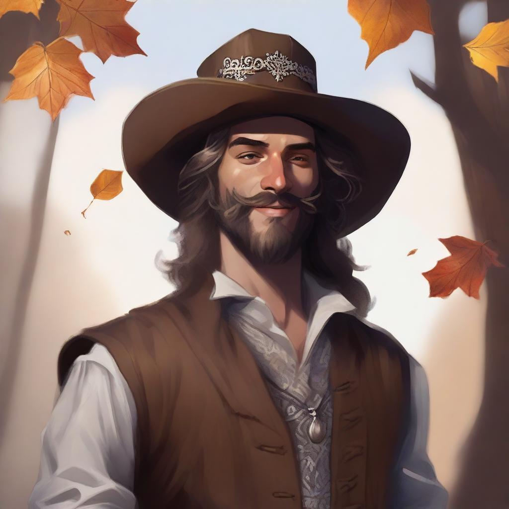 A painted D&D portrait of a human bard, dressed in fine but simple clothes and a cavalier’s hat, smiling as he feels the wind and sunlight on his face