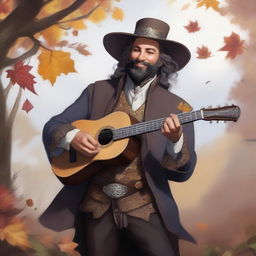 A painted D&D portrait of a human bard, dressed in fine but simple clothes and a cavalier’s hat, smiling as he feels the wind and sunlight on his face