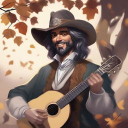 A painted D&D portrait of a human bard, dressed in fine but simple clothes and a cavalier’s hat, smiling as he feels the wind and sunlight on his face