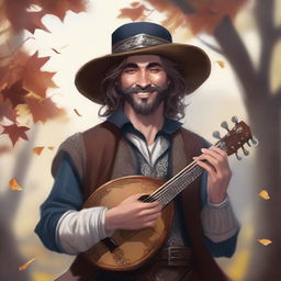 A painted D&D portrait of a human bard, dressed in fine but simple clothes and a cavalier’s hat, smiling as he feels the wind and sunlight on his face