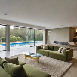 A luxurious living space with a large olive-green sofa, a gold-contoured glass table, a textured carpet, and suspended modern lighting. The room offers a splendid view of a swimming pool.