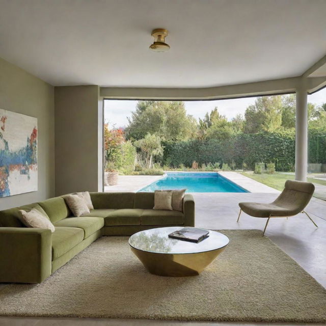 A luxurious living space with a large olive-green sofa, a gold-contoured glass table, a textured carpet, and suspended modern lighting. The room offers a splendid view of a swimming pool.