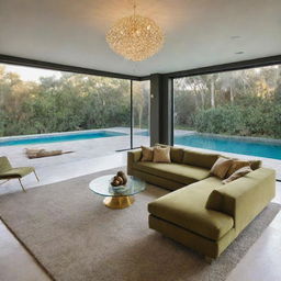 A luxurious living space with a large olive-green sofa, a gold-contoured glass table, a textured carpet, and suspended modern lighting. The room offers a splendid view of a swimming pool.