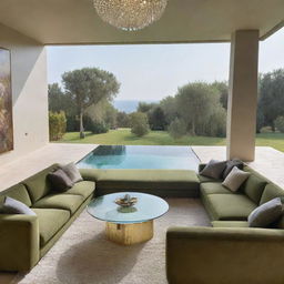 A luxurious living room with a large olive-green sofa, a gold-contoured glass table, a textured carpet, suspended lights, offering a breathtaking view onto a crystal-clear swimming pool.