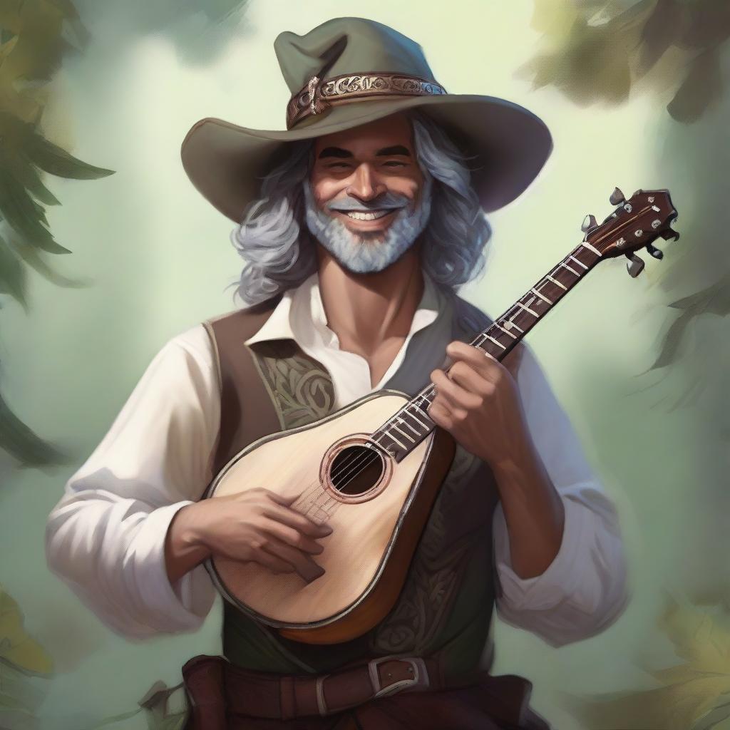 A beautifully painted Dungeons and Dragons portrait of a human bard, dressed in fine but simple clothes and a cavalier’s hat