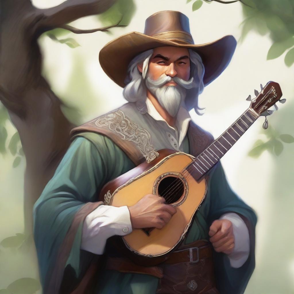 A beautifully painted Dungeons and Dragons portrait of a human bard, dressed in fine but simple clothes and a cavalier’s hat