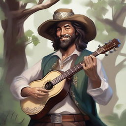 A beautifully painted Dungeons and Dragons portrait of a human bard, dressed in fine but simple clothes and a cavalier’s hat