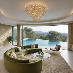 A luxurious living room with a large olive-green sofa, a gold-contoured glass table, a textured carpet, suspended lights, offering a breathtaking view onto a crystal-clear swimming pool.