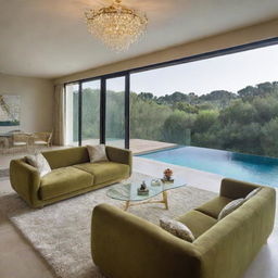 A luxurious living room with a large olive-green sofa, a gold-contoured glass table, a textured carpet, suspended lights, offering a breathtaking view onto a crystal-clear swimming pool.