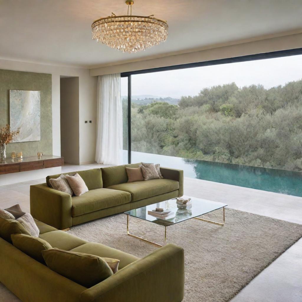 A luxurious living room with a large olive-green sofa, a gold-contoured glass table, a textured carpet, suspended lights, offering a breathtaking view onto a crystal-clear swimming pool.