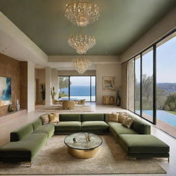 An opulent living space boasting a large olive-green sofa, a glass table accented with gold contours, a textured rug underfoot, and suspended lighting fixtures. The room provides a stunning view of a swimming pool.