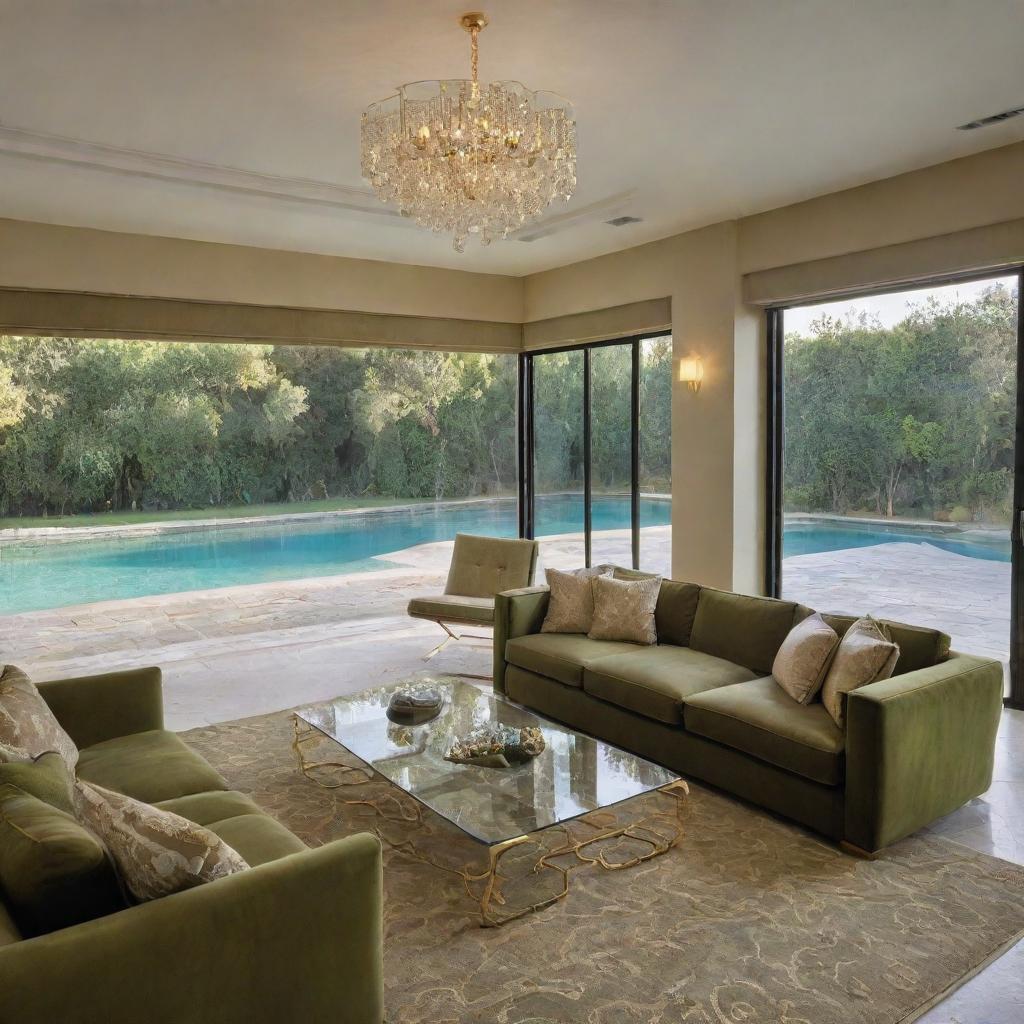 An opulent living space boasting a large olive-green sofa, a glass table accented with gold contours, a textured rug underfoot, and suspended lighting fixtures. The room provides a stunning view of a swimming pool.