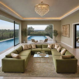 An opulent living space boasting a large olive-green sofa, a glass table accented with gold contours, a textured rug underfoot, and suspended lighting fixtures. The room provides a stunning view of a swimming pool.