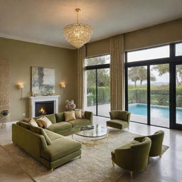 An opulent living space boasting a large olive-green sofa, a glass table accented with gold contours, a textured rug underfoot, and suspended lighting fixtures. The room provides a stunning view of a swimming pool.