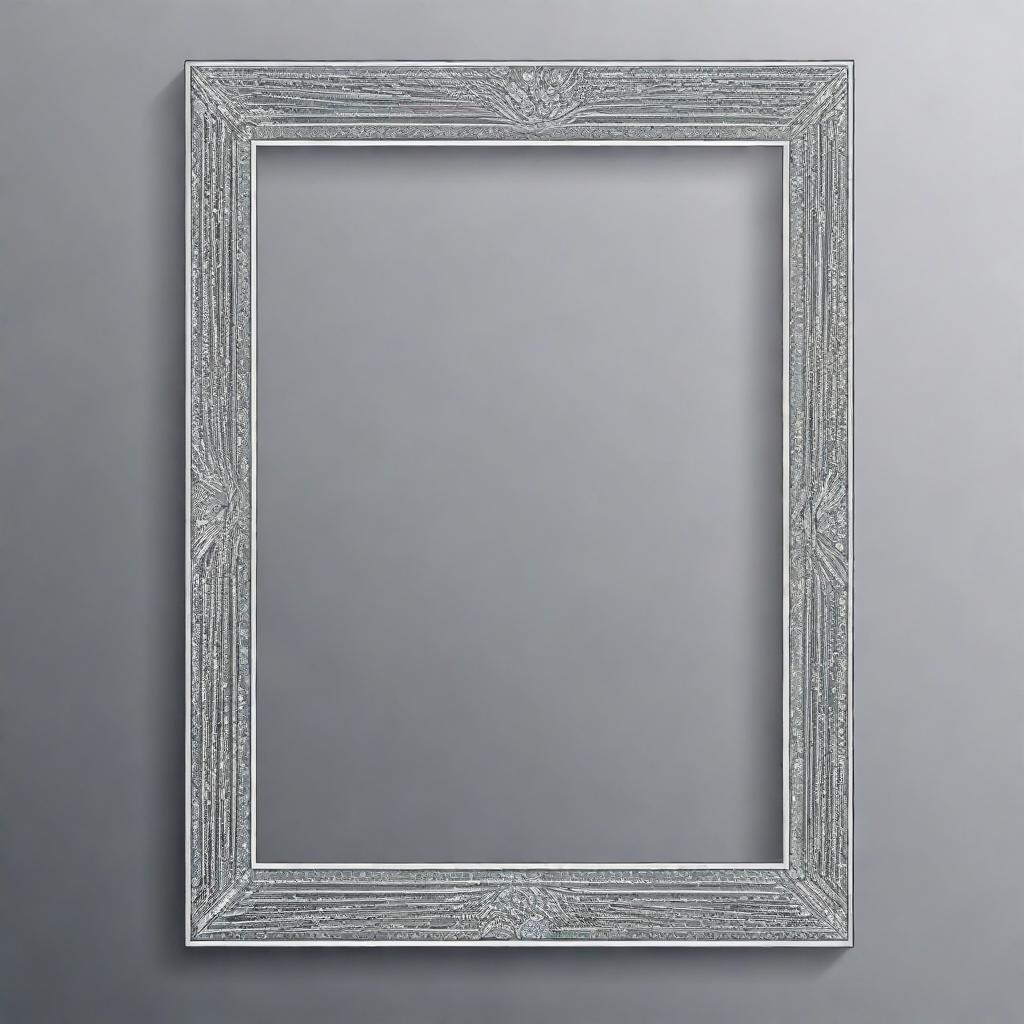 A minimalist, elegant vector drawing of a thin one-line picture frame, silver in color, adorned with sparkling jewels, in a neo art deco style