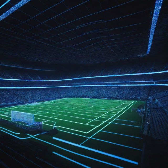 An Electropunk-style football stadium featuring sleek digital design elements, vibrant neon lighting, electronic scoreboards, and the field is illuminated by a grid of luminous lines