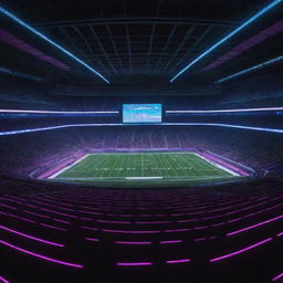 An Electropunk-style football stadium featuring sleek digital design elements, vibrant neon lighting, electronic scoreboards, and the field is illuminated by a grid of luminous lines