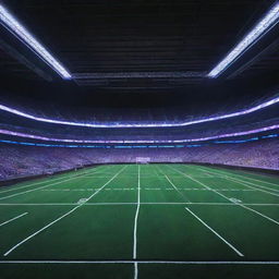 An Electropunk-style football stadium featuring sleek digital design elements, vibrant neon lighting, electronic scoreboards, and the field is illuminated by a grid of luminous lines