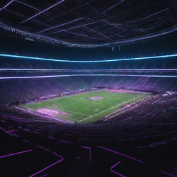 An Electropunk-style football stadium featuring sleek digital design elements, vibrant neon lighting, electronic scoreboards, and the field is illuminated by a grid of luminous lines