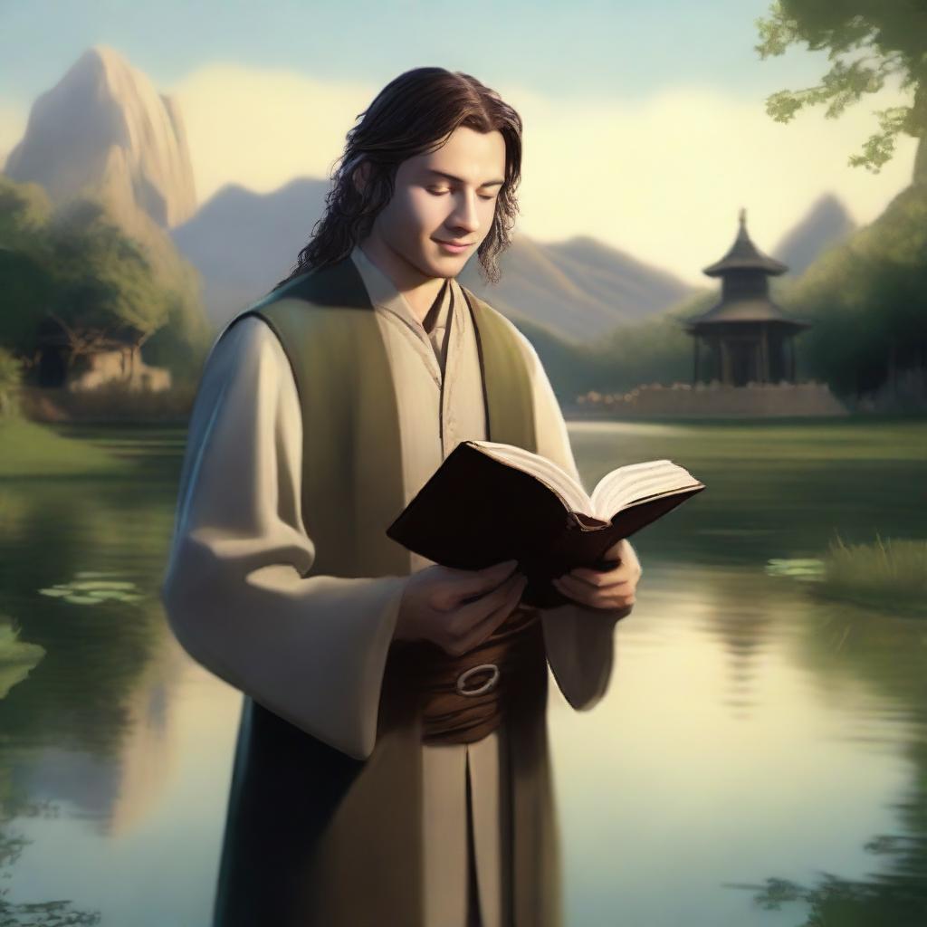 A serene image of a hobbit cleric, with a gentle smile on his face, holding a book close to his heart