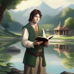 A serene image of a hobbit cleric, with a gentle smile on his face, holding a book close to his heart