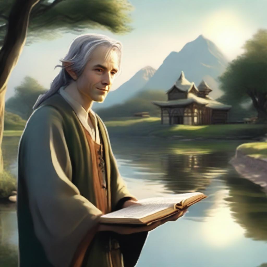 A serene image of a hobbit cleric, with a gentle smile on his face, holding a book close to his heart