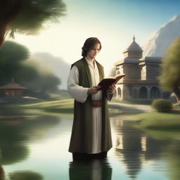 A serene image of a hobbit cleric, with a gentle smile on his face, holding a book close to his heart