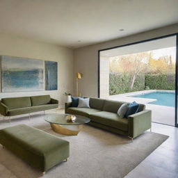 A modern living room design featuring a large olive-green sofa, a gold contoured glass table, a textured carpet, and modern suspended lighting, offering a clear view of a serene swimming pool.