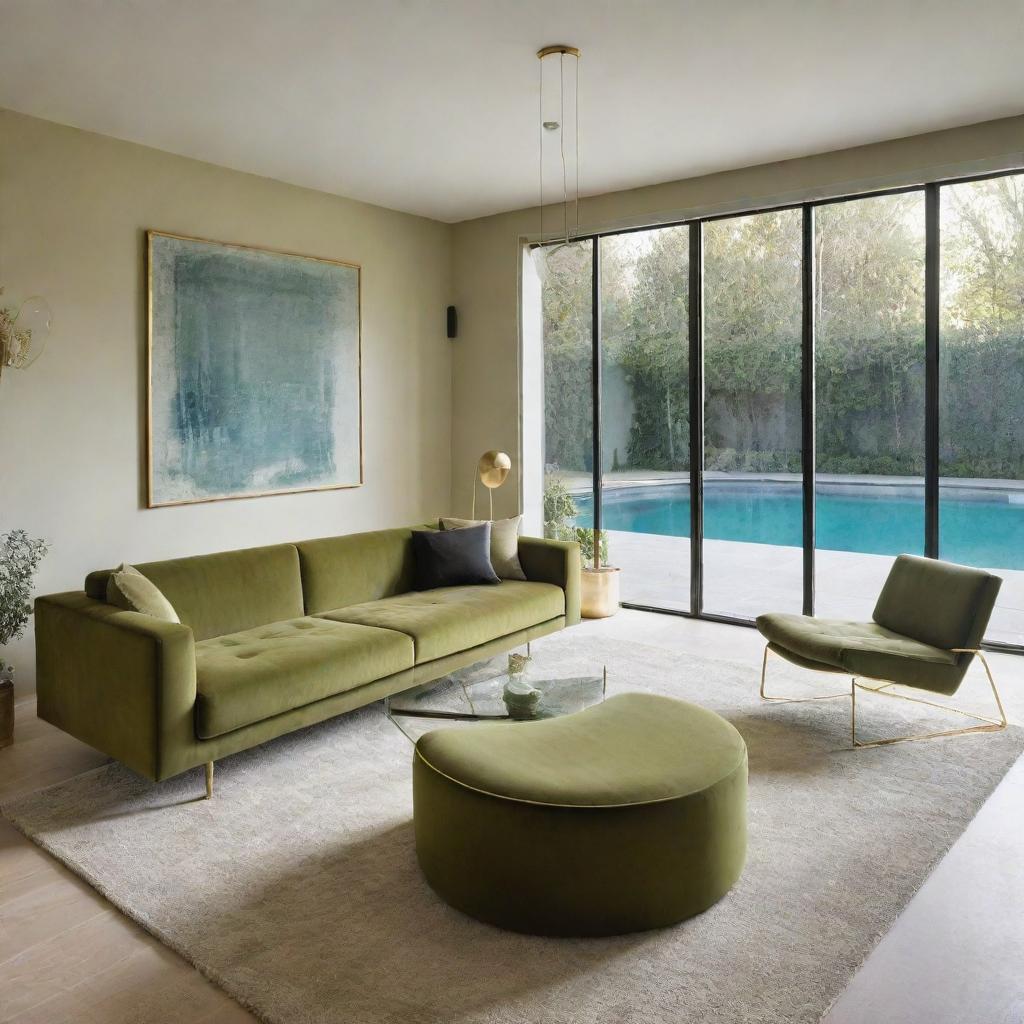 A modern living room design featuring a large olive-green sofa, a gold contoured glass table, a textured carpet, and modern suspended lighting, offering a clear view of a serene swimming pool.