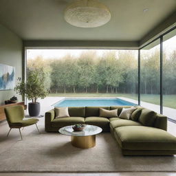 A modern living room design featuring a large olive-green sofa, a gold contoured glass table, a textured carpet, and modern suspended lighting, offering a clear view of a serene swimming pool.