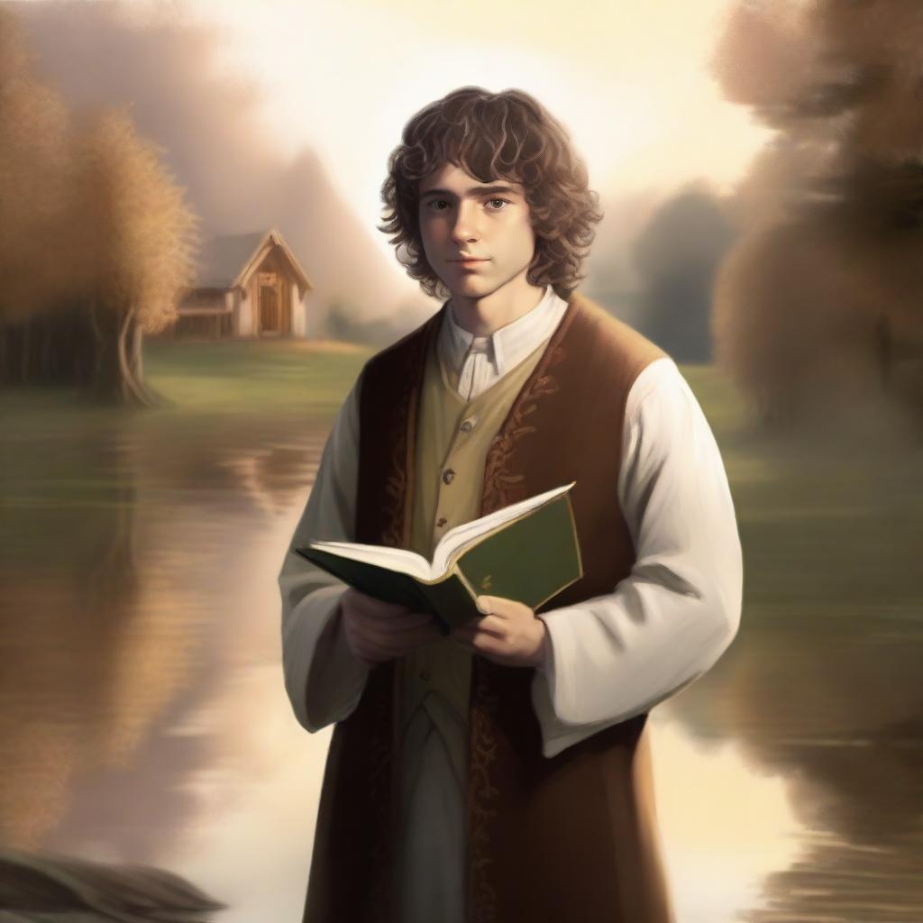 A portrait of a hobbit cleric, holding a book and wearing a slight smile on his face