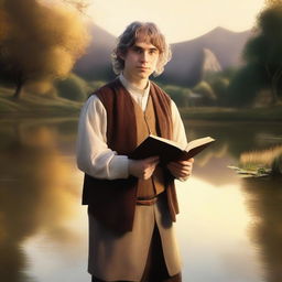 A portrait of a hobbit cleric, holding a book and wearing a slight smile on his face