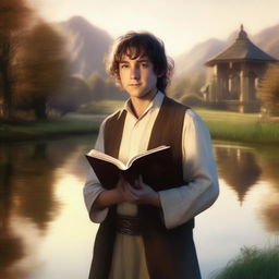 A portrait of a hobbit cleric, holding a book and wearing a slight smile on his face