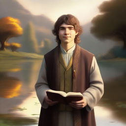 A portrait of a hobbit cleric, holding a book and wearing a slight smile on his face