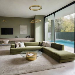 A modern living room design featuring a large olive-green sofa, a gold contoured glass table, a textured carpet, and modern suspended lighting, offering a clear view of a serene swimming pool.