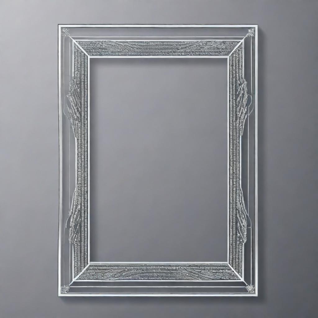 A minimalist, elegant vector drawing of a thin one-line picture frame, silver in color, adorned with sparkling jewels, in a neo art deco style