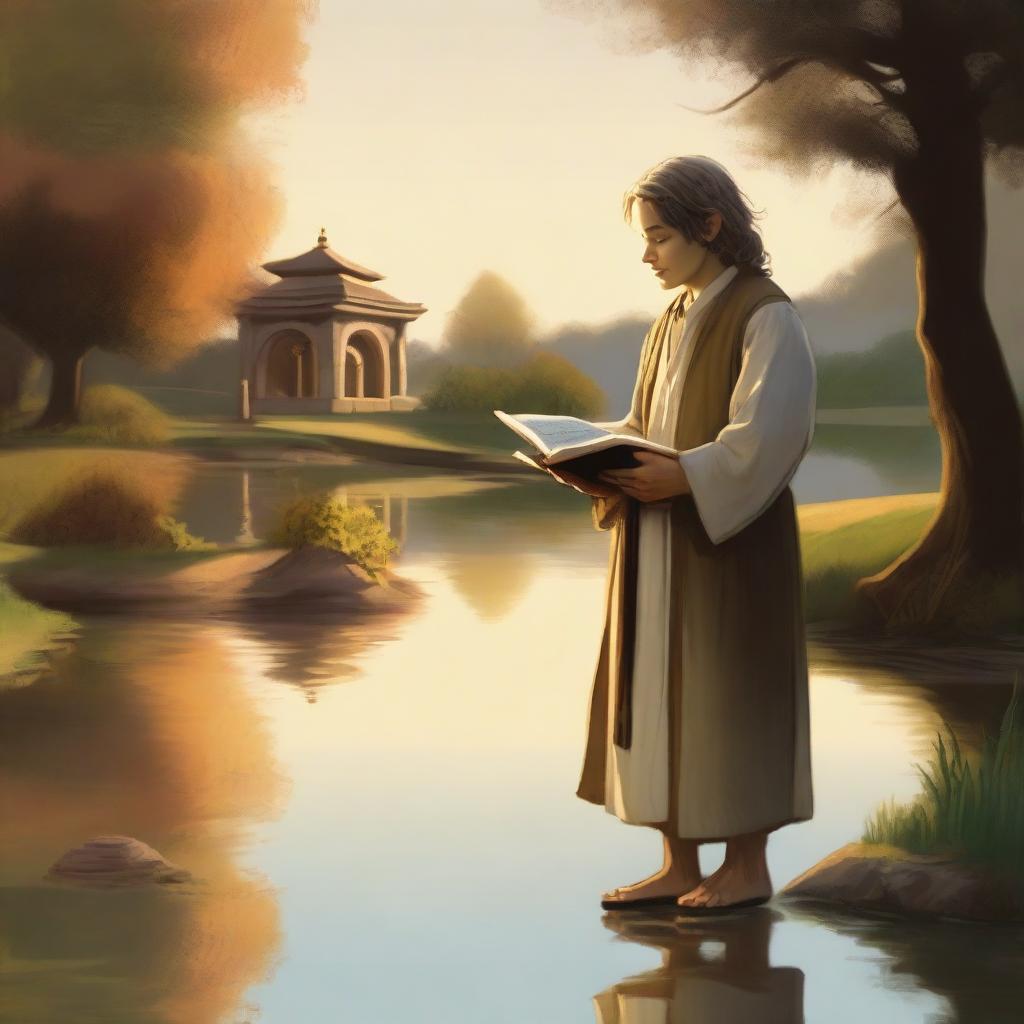 A peaceful scene of a hobbit cleric, gently smiling as he holds a book